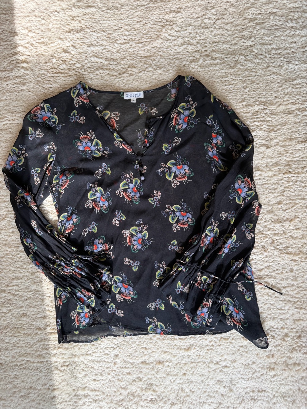 Claudie Pierlot Black Floral Blouse Size 36 US 4 S Sheer V Neck Tie Sleeves